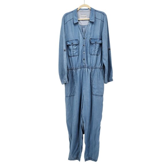 Anthropologie Pilcro Womens XL Jumpsuit Lyocell Chambray Denim Blue Roll Tab - Picture 1 of 10